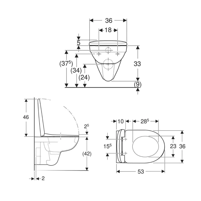 Geberit Selnova Wall Hung Toilet With Seat Pack - Dimensions