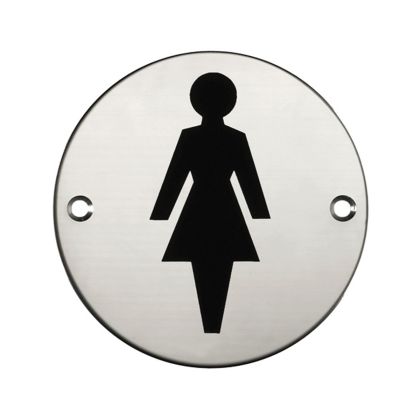 Round Female Toilet Door Sign - Polished Stainless Steel