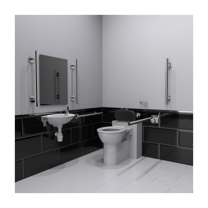 Back-to-wall Doc M Compliant Toilet Pack with Luxury Stainless Steel Polished Grab Rails