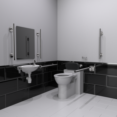 Back to wall Doc M Compliant Toilet Pack with Luxury Stainless Steel Grab Rails and TMV3 Tap